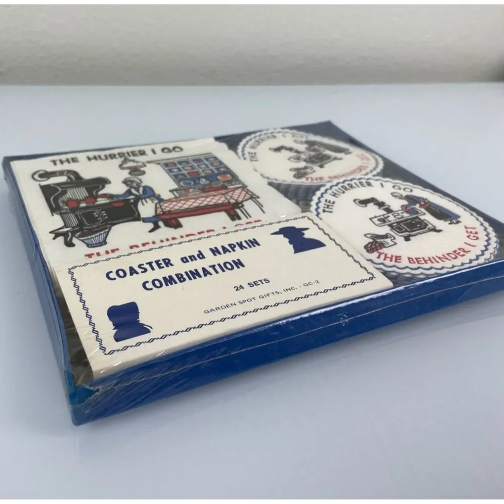 The Hurrier I Go The Behinder I Get Napkin & Coaster Set, NEW Sealed Vintage